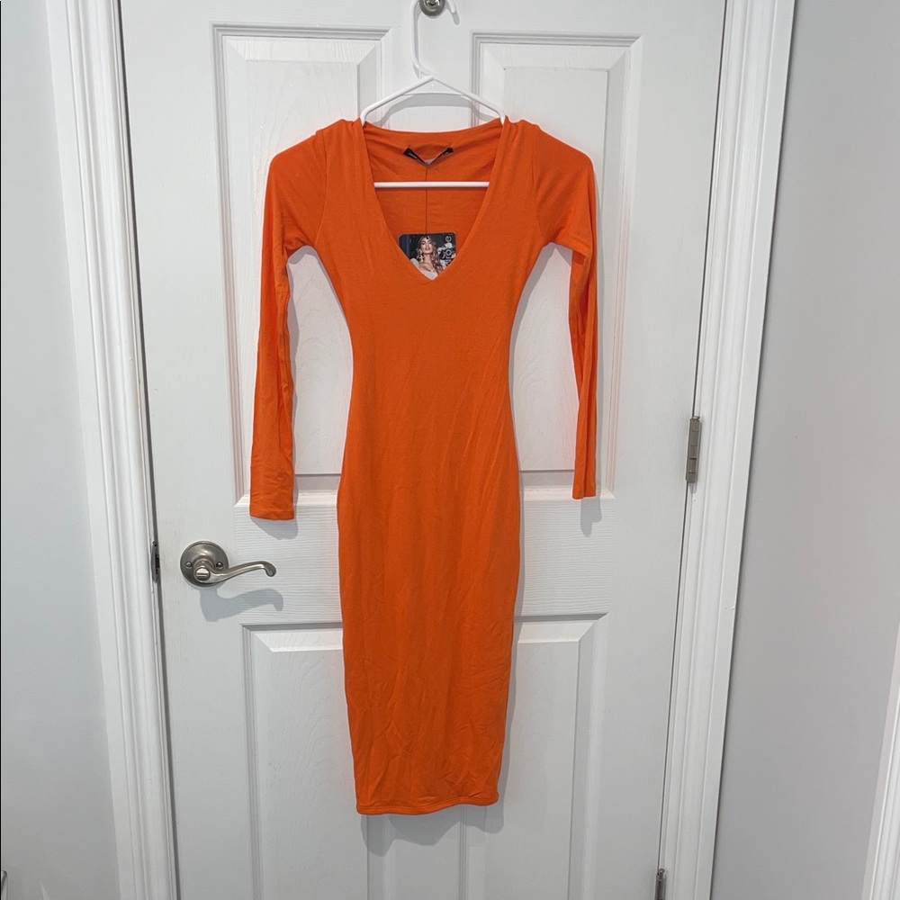 Naked Wardrobe Orange Long Sleeve V-neck Midi Dress NWT